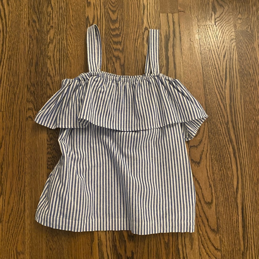 J Crew Blue and White Cold Shoulder Top